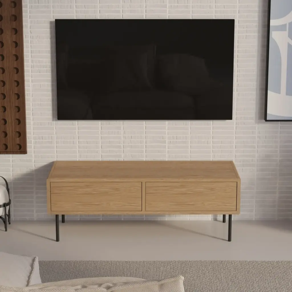 Mala Drewniana Szafka Rtv 120 Cm W Stylu Loftowym Z Zaokraglonymi Bokami