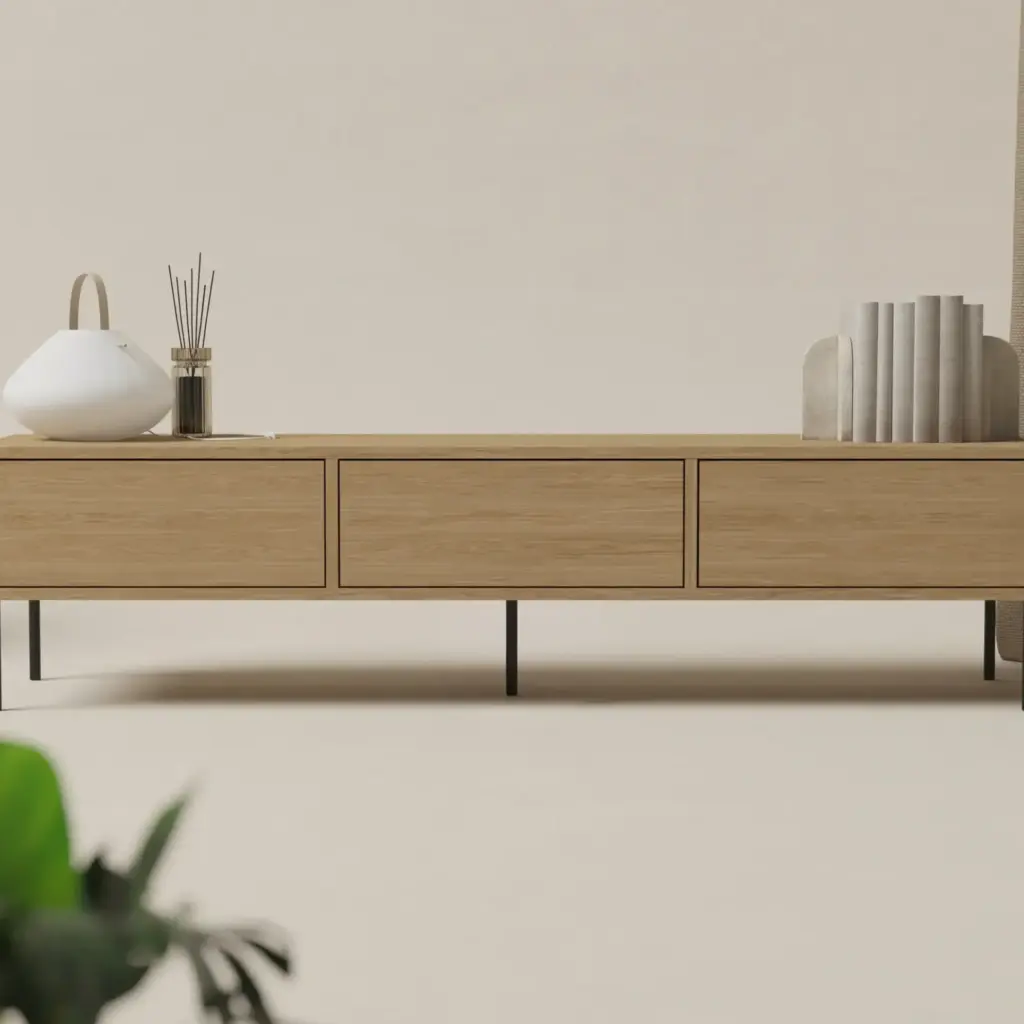 Szafka RTV dębowa 180 x 45 cm na metalowych nogach w stylu loft
