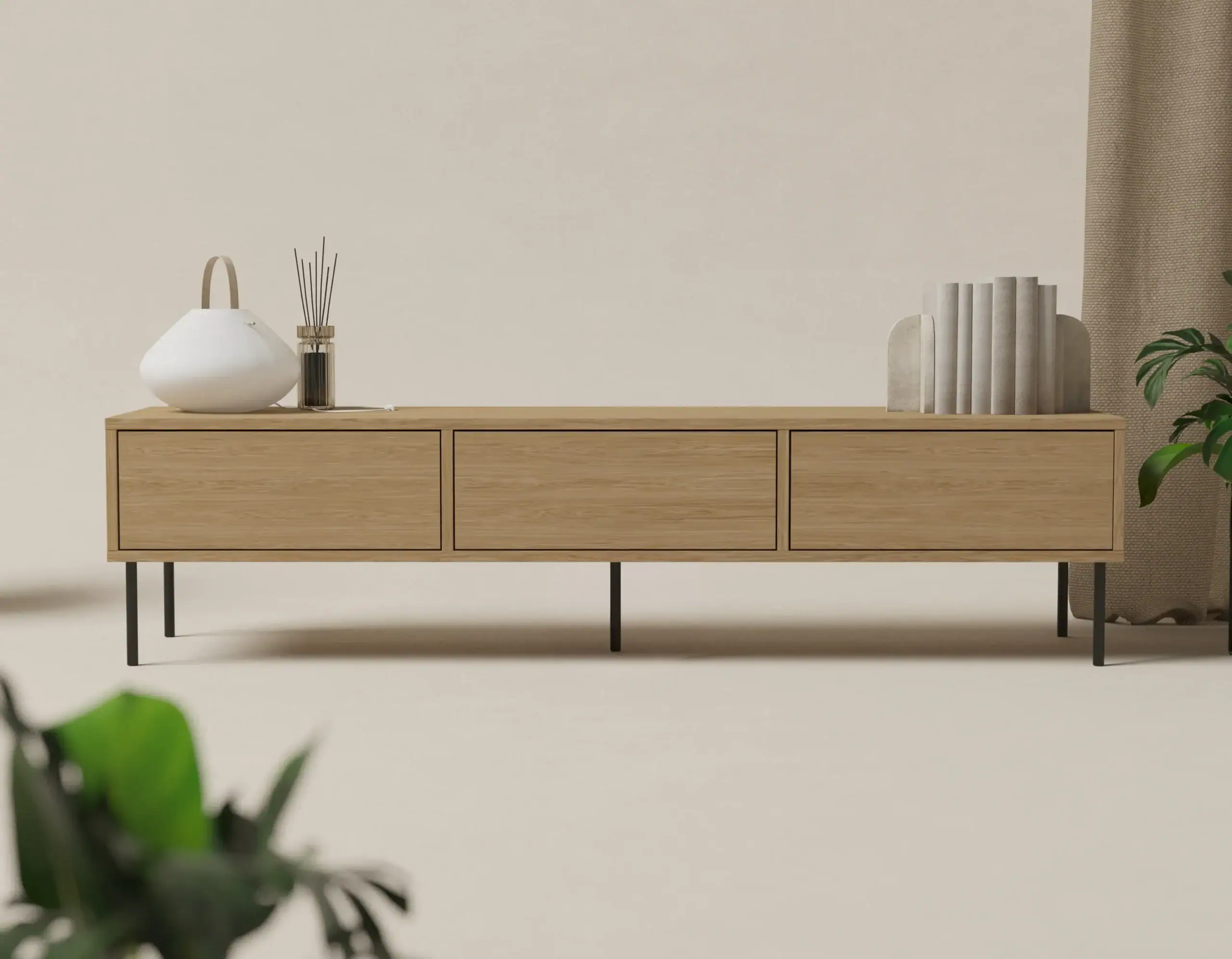 Szafka RTV dębowa 180 x 45 cm na metalowych nogach w stylu loft