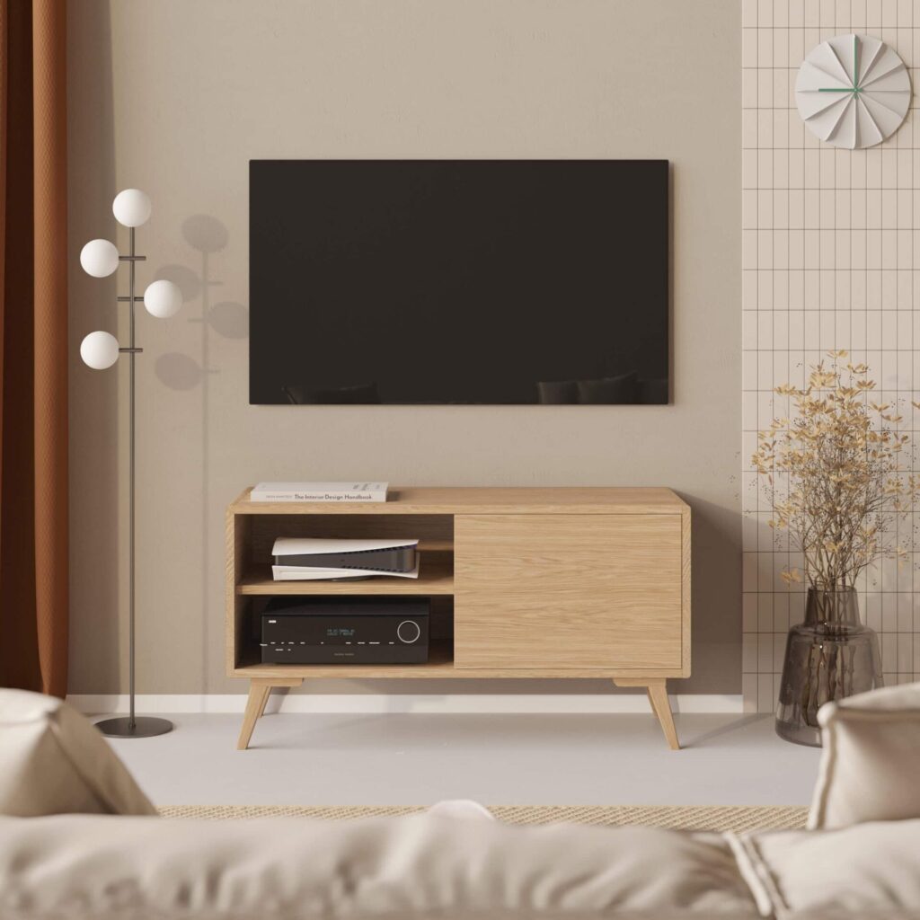 Drewniana komoda RTV 120 cm z półkami na elektronikę i drzwiczkami. zaokrąglone boki