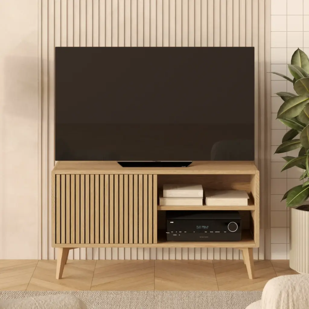 Szafka RTV 120 cm z frontem lamelowym i półkami