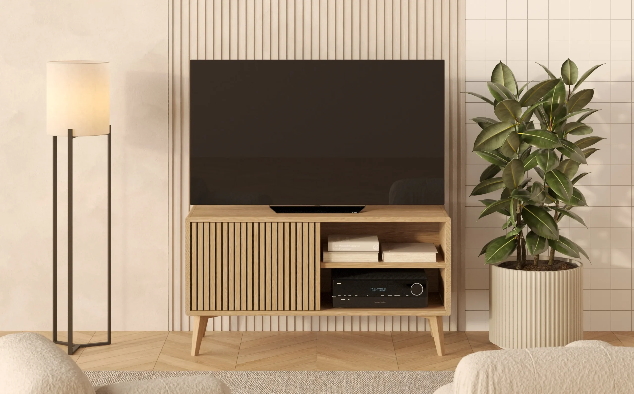 Szafka RTV 120 cm z frontem lamelowym i półkami